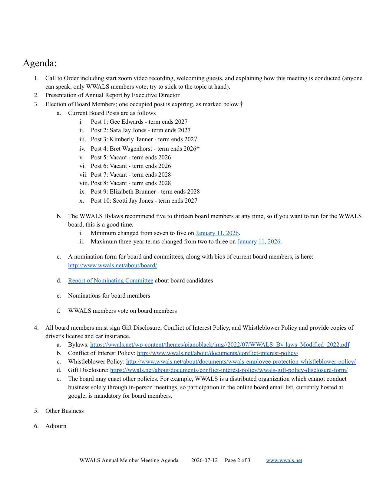 Annual Report and Election of Board Members, 2026-07-12 --WWALS Annual Member Meeting Agenda
