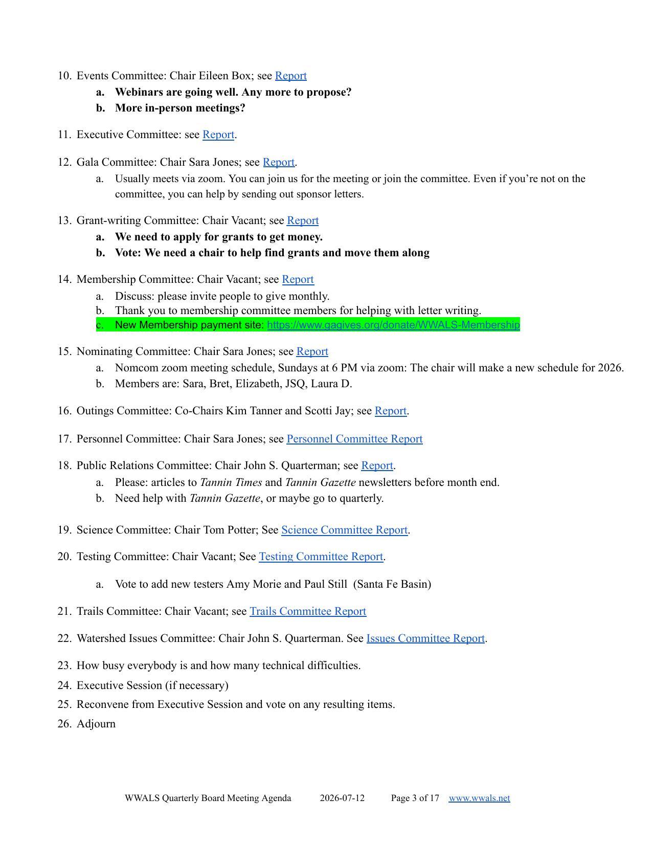 Committee reports, 2026-07-12 --WWALS Quarterly Board Meeting Agenda