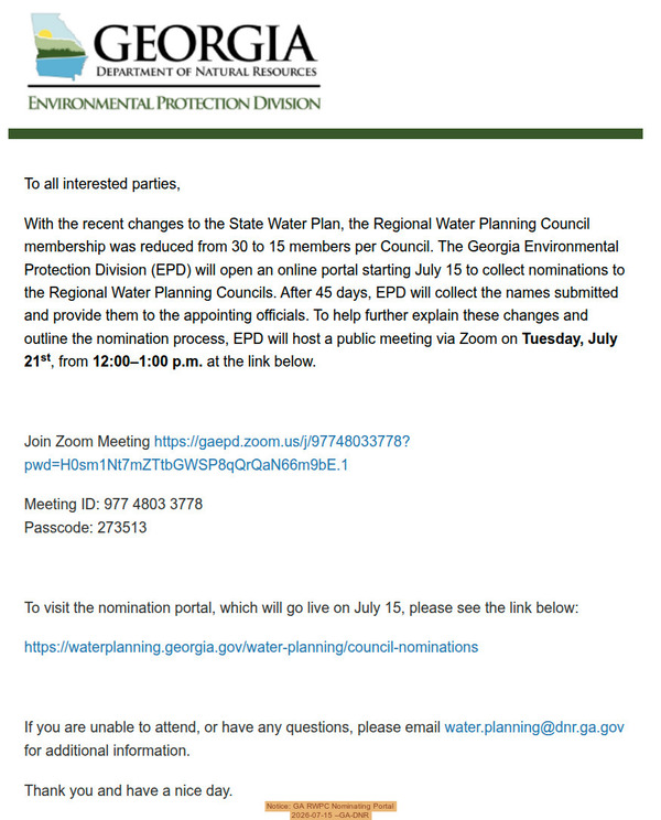 [Notice: GA RWPC Nominating Portal 2026-07-15 --GA-DNR]