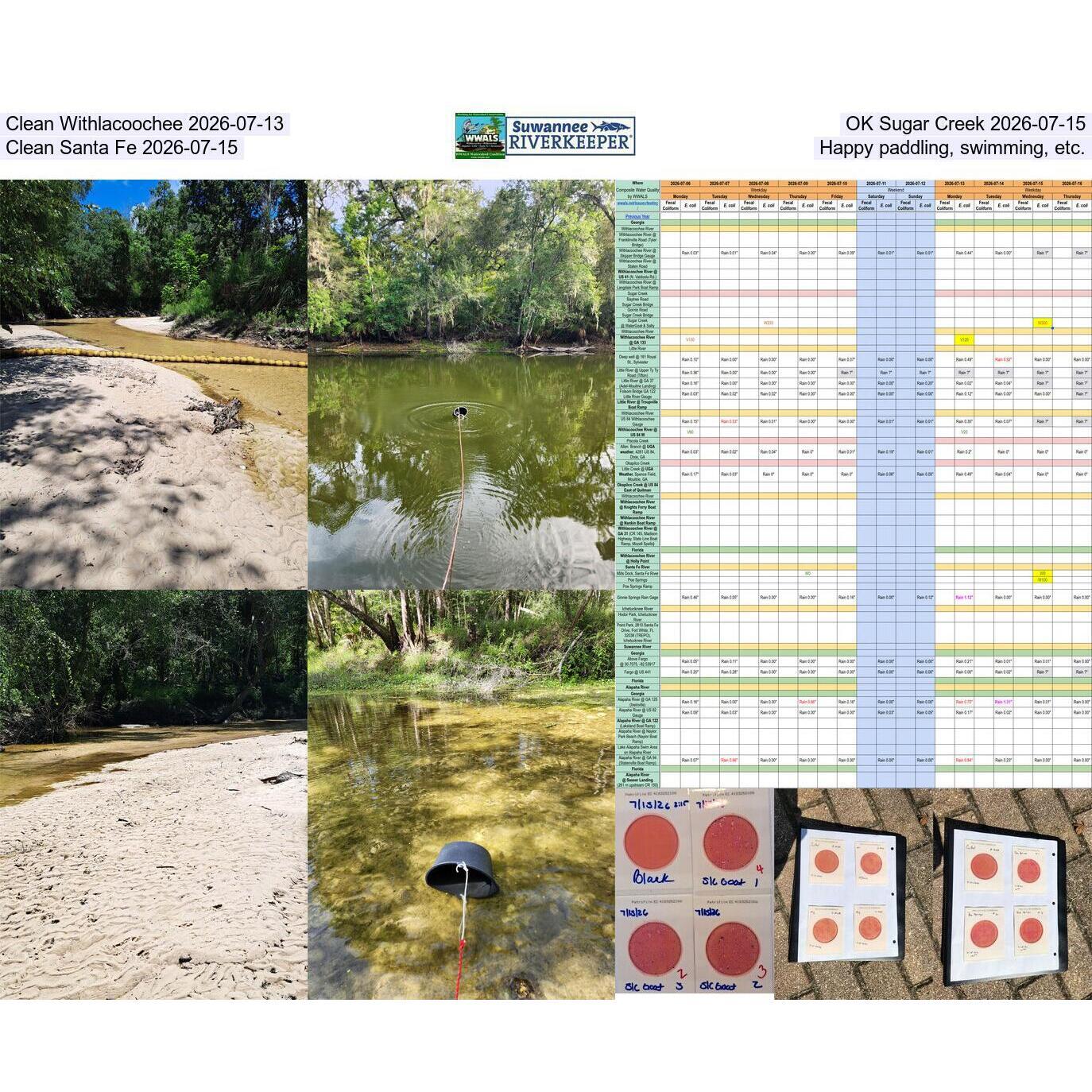 Clean Withlacoochee 2026-07-13, OK Sugar Creek 2026-07-15, Clean Santa Fe 2026-07-15, Happy paddling, swimming, etc.