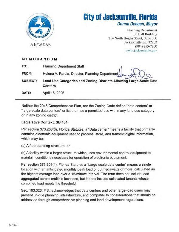 [Land Use Categories and Zoning Districts Allowing Large-Scale Data Centers, 2026-04-16 --City of Jacksonville Planning Department]