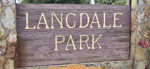 [Langdale Park sign, 2026:07:26 14:22:36, 30.8872403, -83.3150181 --jsq for WWALS]