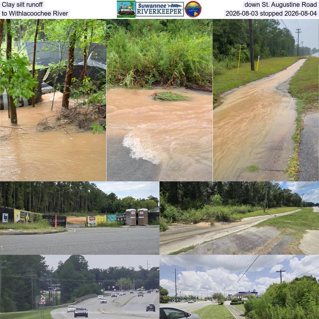 Clay silt runoff down St. Augustine Road to Withlacoochee River, 2026-08-03 stopped 2026-08-04