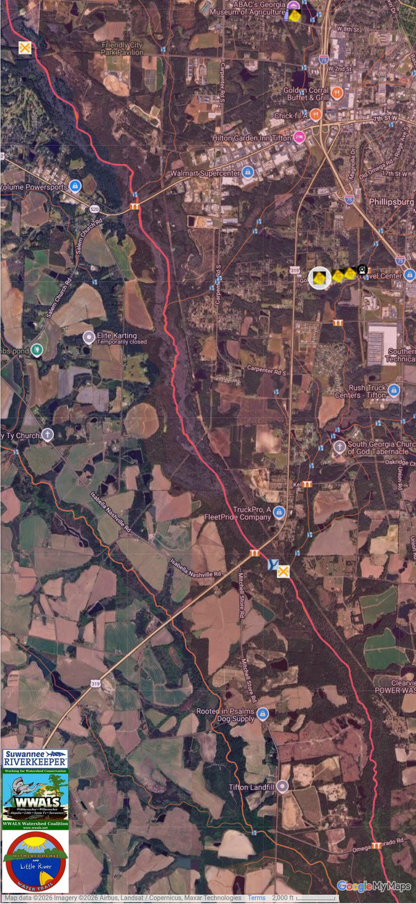 Map: Willow Creek to Tanzer Creeek to Little River, 1103 Golden Road West, Tifton GA, Sewage Spill 2026-08-07 --WLRWT