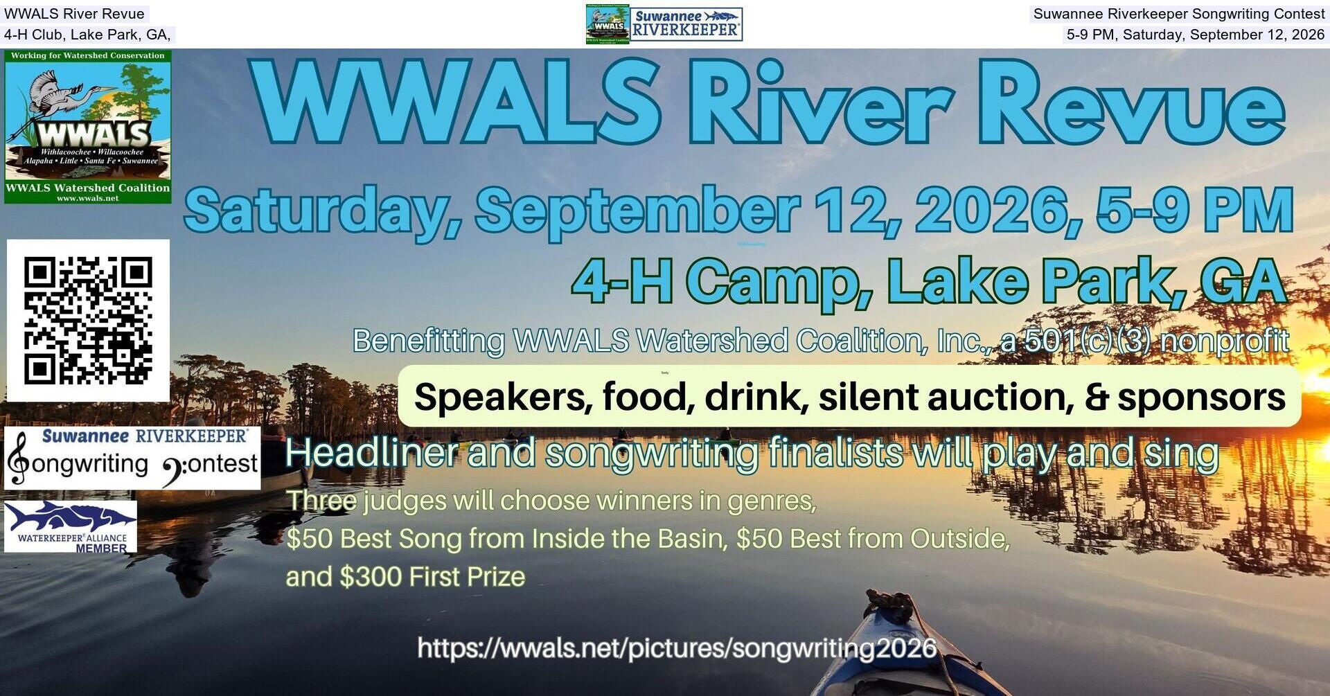 [WWALS River Revue, Suwannee Riverkeeper Songwriting Contest, 4-H Club, Lake Park, GA, 5-9 PM, Saturday, September 12, 2026]