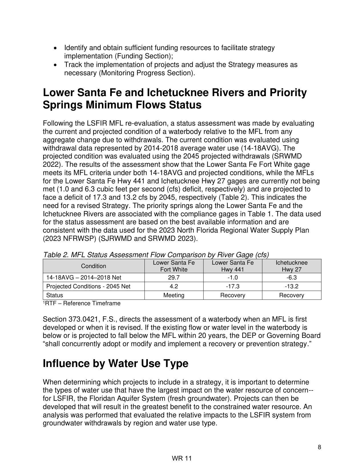 Table 2. MFL Status Assessment Flow Comparison by River Gage (cfs)