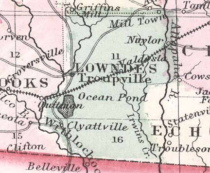 Lowndes County, 1863, GeorgiaInfo, with Troupville still marked, but Valdosta, Quitman, and Naylor have have appeared along with the railroad. The “Withlochochee” River is marked, as is the “Ocapilco R.” On the “Allapaha R.”, Milltown, Statenville, and Troublesome have appeared.