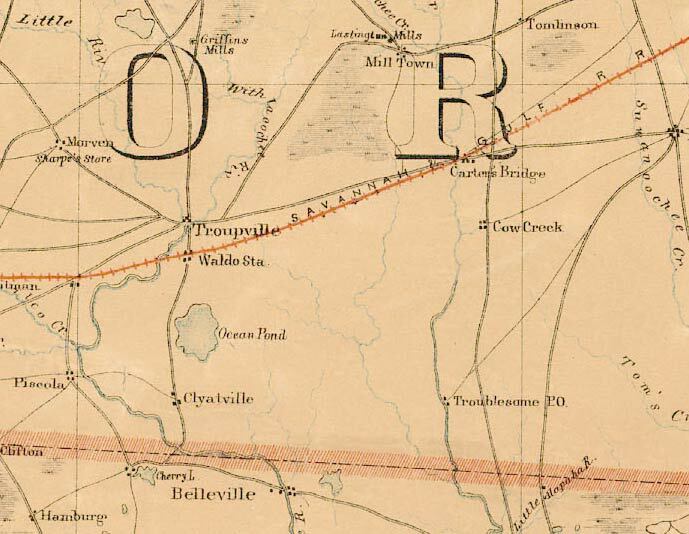 Lowndes County Area, 1864, GeorgiaInfo, U.S. Coast Survey Map, Northern Part of Florida, 1864, doesn’t show Valdosta or Statenville, but still shows Troupville, Belleville, and “Clyatville”, plus “Troublesome P.O.”. on the Alapaha.