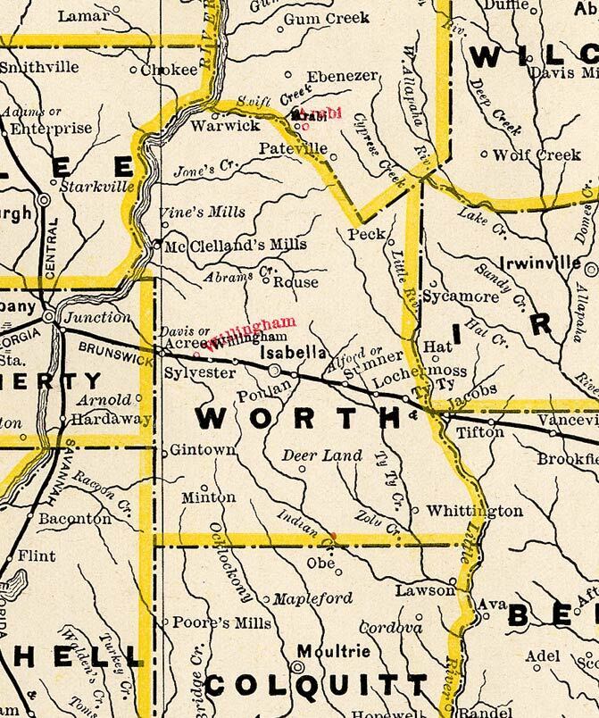 Worth County, 1885a, GeorgiaInfo, George Cram Railroad and County Map of Georgia, 1885, showing Ty Ty Creek and Indian Creek.