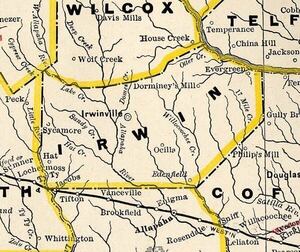 [Irwin County, 1885b, GeorgiaInfo, Source: George Cram Railroad and County Map of Georgia, 1885, on which Peckville is labeled “Peck” and the river is “Little River”. Eastwards the “Allapaha River” and “Willocoochee Cr.” are labeled.]