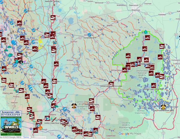 [Map: Valdosta to Okefenokee]
