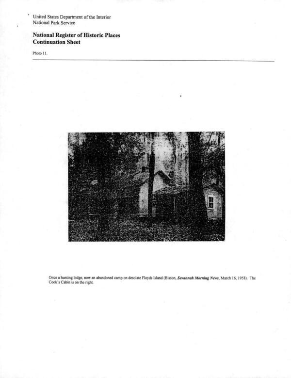 Photo 11: Once a hunting lodge, now an abandoned camp on desolate Floyds Island (Bisson, Savannah Morning News, March 16, 1958) The Cook’s Cabin is on the right.