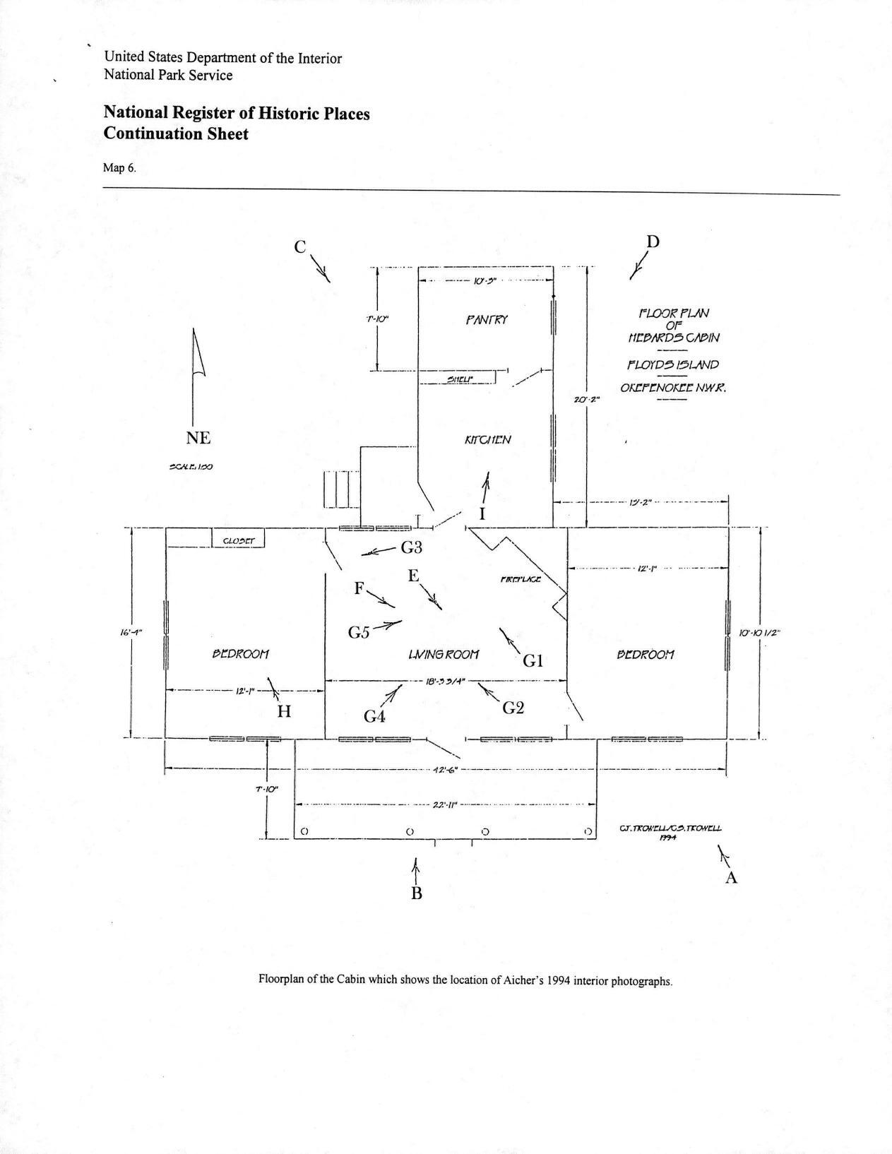 Map 6: Floorplan of the Cabin which shows the location of Aicher’s 1994 interior photographs.