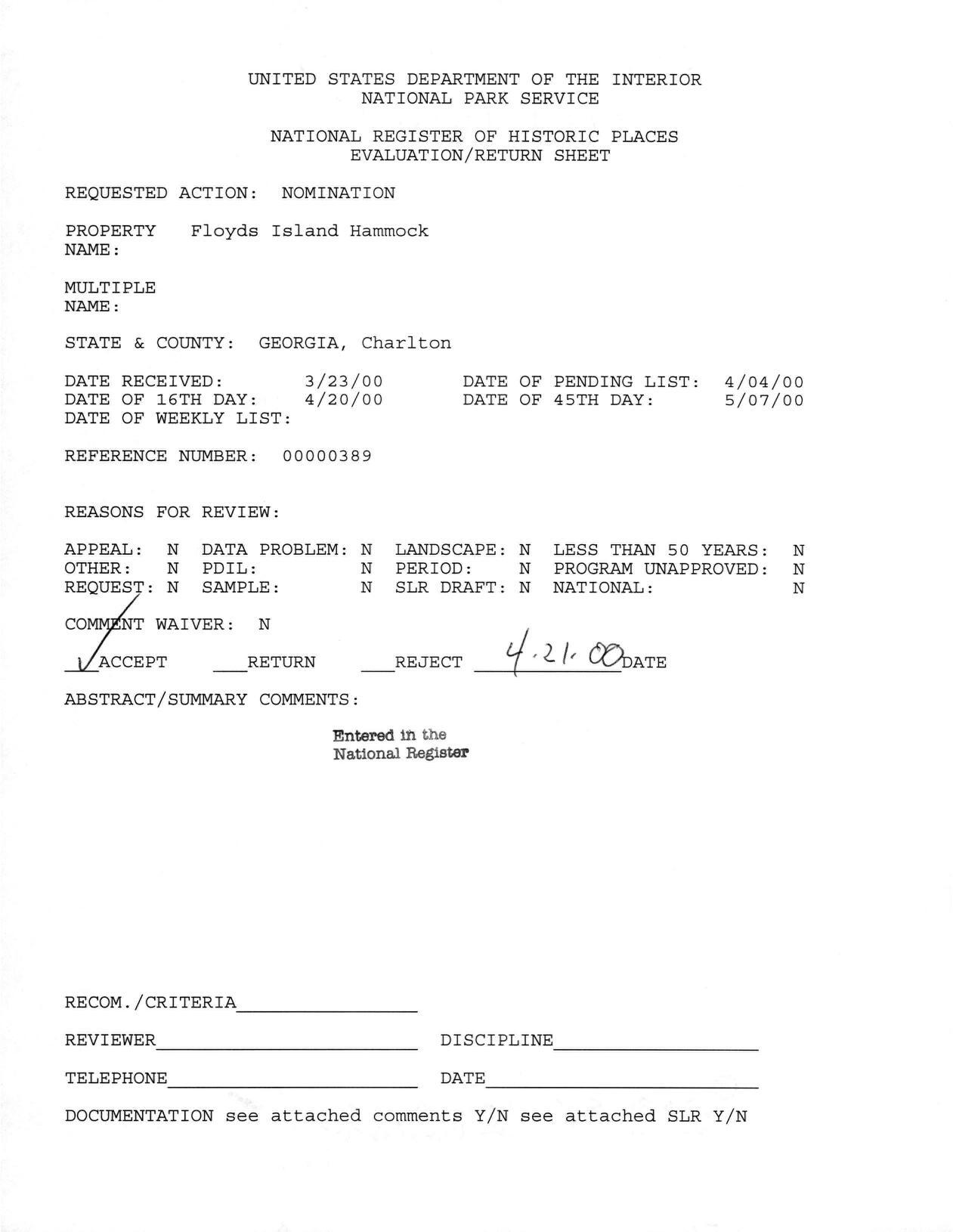 NATIONAL REGISTER OF HISTORIC PLACES, EVALUATION/RETURN SHEET