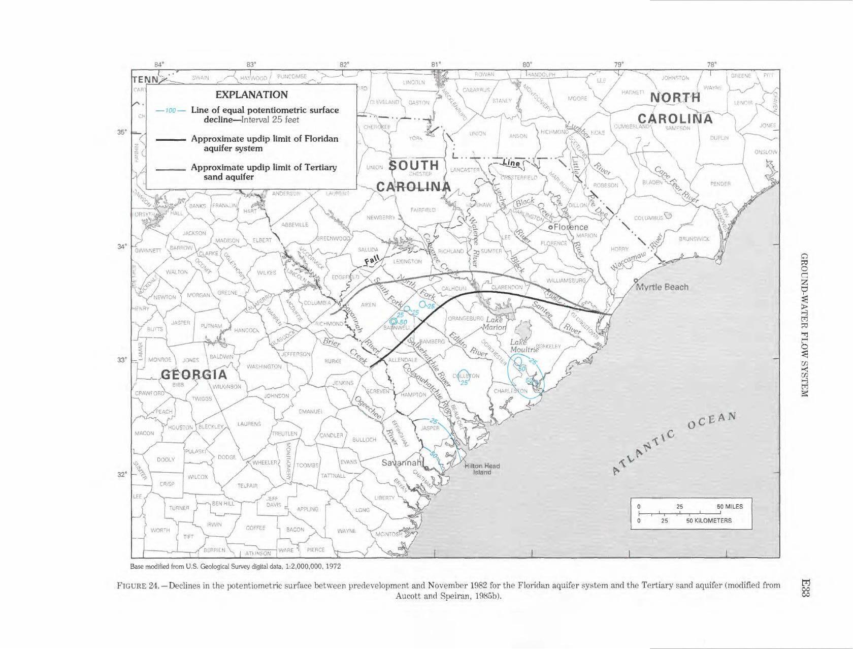 Line of equal potentiometric surface decline; Interval 25 feet, 1996-01-01, --Walter R. Aucott, USGS PROFESSIONAL PAPER 1410-E