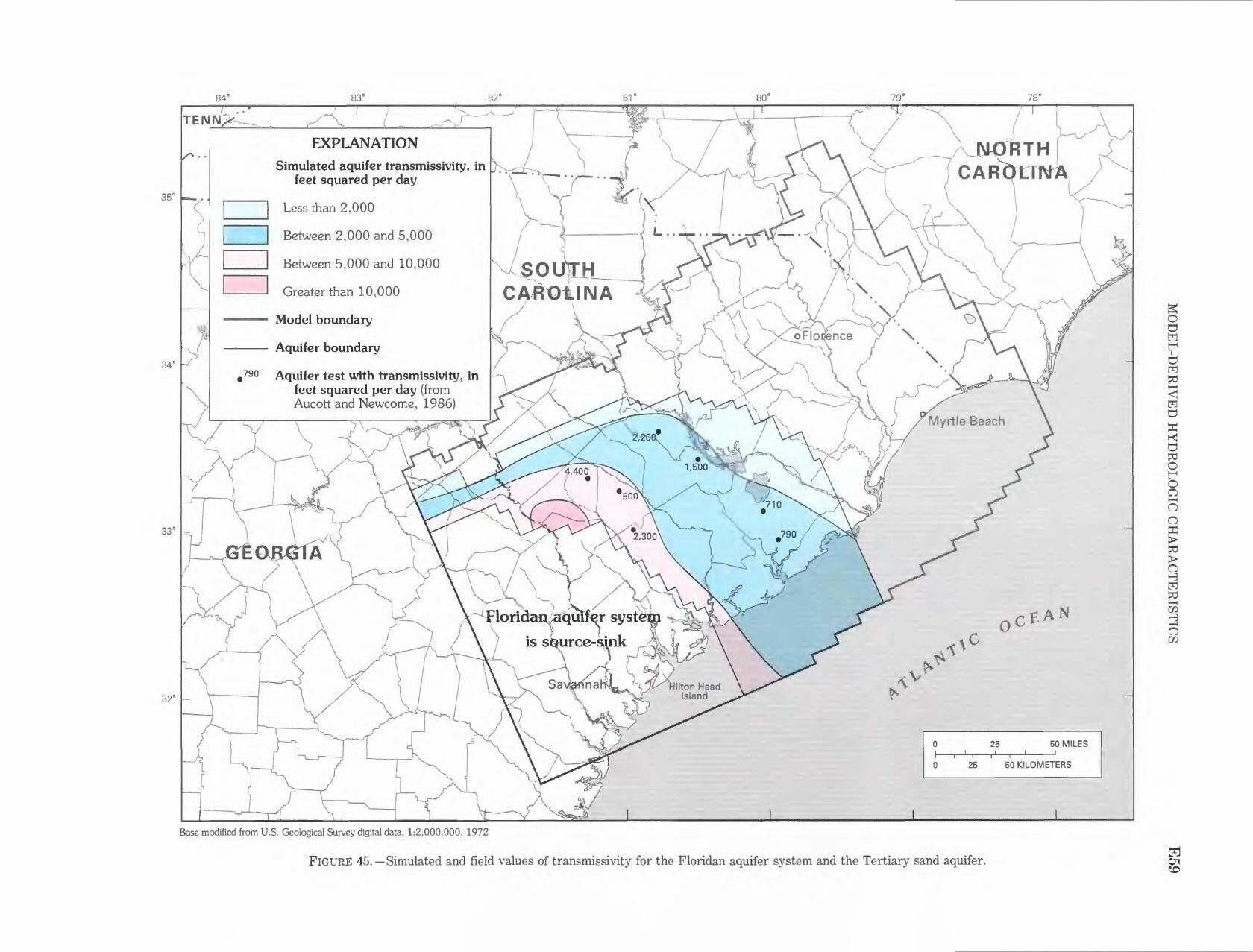 Figure 45. Simulated and field values of transmissivity for the Florida aquifer system and the Tertiary sand aquifer., 1996-01-01, --Walter R. Aucott, USGS PROFESSIONAL PAPER 1410-E