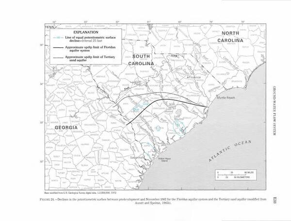 Line of equal potentiometric surface decline; Interval 25 feet, 1996-01-01, --Walter R. Aucott, USGS PROFESSIONAL PAPER 1410-E