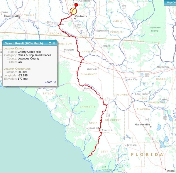 Cherry Creek, Withlacoochee River, Suwannee River, Gulf of Mexico