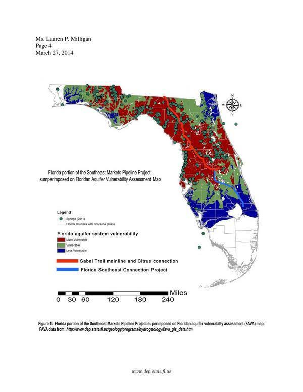 Southeast Markets Pipeline Project superimposed on Floridan Aquifer Vulnerability Assessment Map, in Sabal Trail pipeline considered harmful for karst limestone Floridan Aquifer --FL-DEP, by John S. Quarterman, for SpectraBusters.org, 18 March 2014 http://spectrabusters.org/?attachment_id=3513