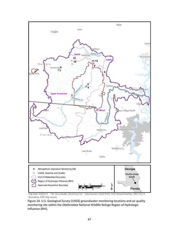 Figure 24. U.S. Geological Survey (USGS) groundwater monitoring locations and air quality monitoring site within the Okefenokee National Wildlife Refuge Region of Hydrologic Influence (RHI).