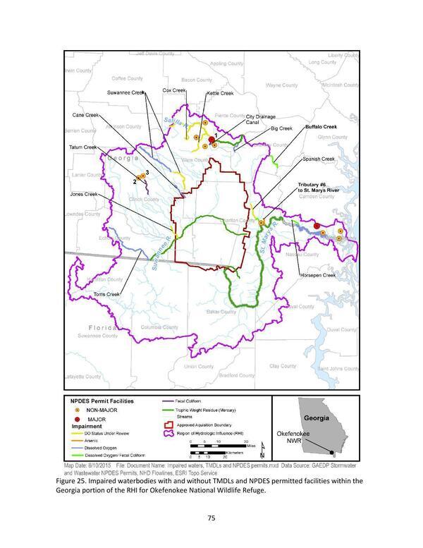 Figure 25. Impaired waterbodies with and without TMDLs and NPDES permitted facilities within the Georgia portion of the RHI for Okefenokee National Wildlife Refuge.