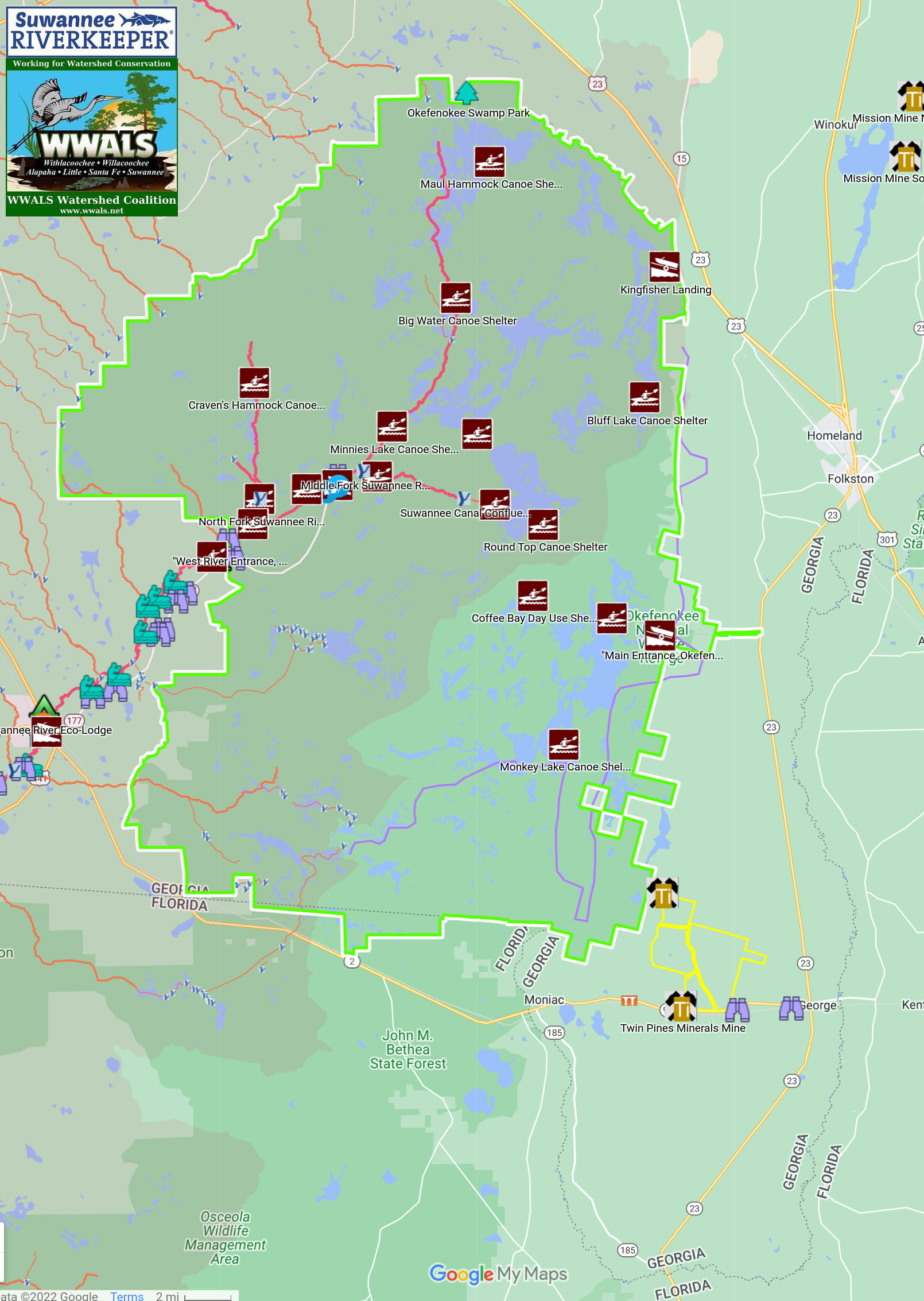 Okefenokee Swamp in the WWALS map of the Suwannee River Water Trail (SRWT)