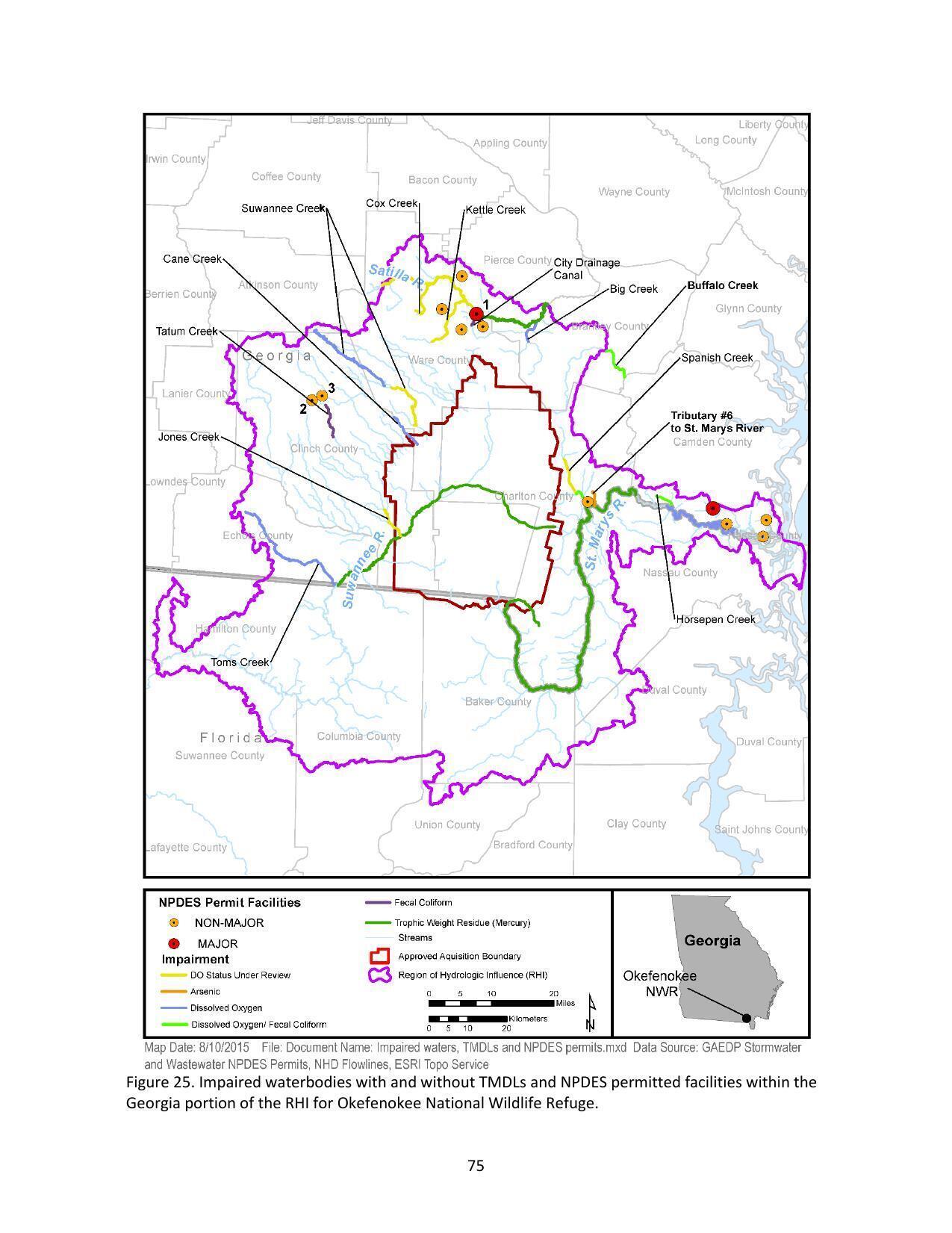 Figure 25. Impaired waterbodies with and without TMDLs and NPDES permitted facilities within the Georgia portion of the RHI for Okefenokee National Wildlife Refuge.