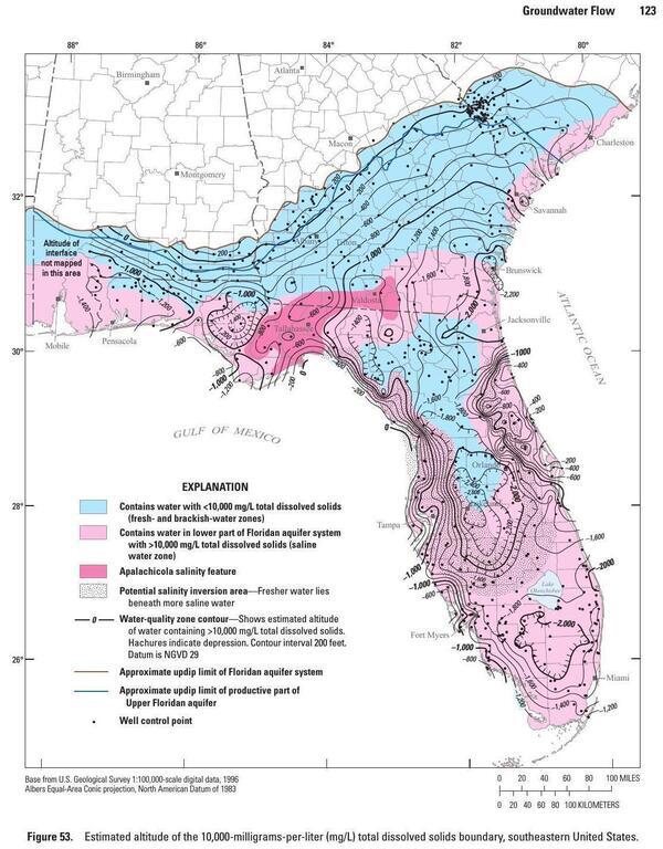 [Figure 53. Estimated altitude of the 10,000-milligrams-per-liter (mg/L) total dissolved solids boundary, southeastern United States.]