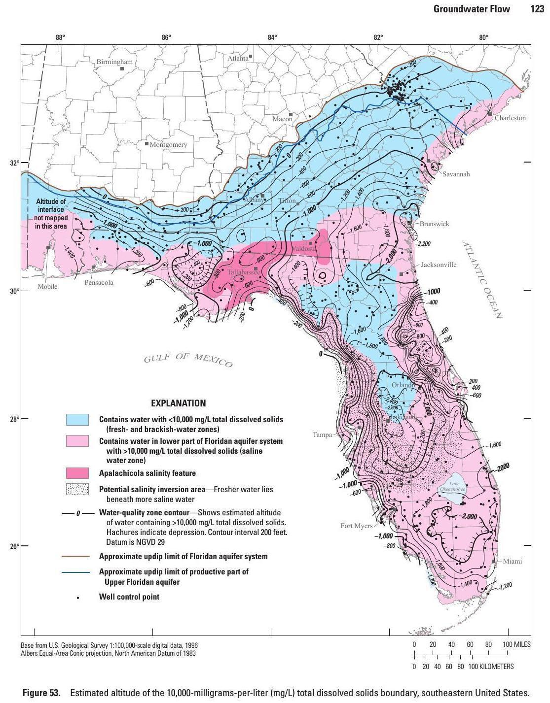 Figure 53. Estimated altitude of the 10,000-milligrams-per-liter (mg/L) total dissolved solids boundary, southeastern United States.