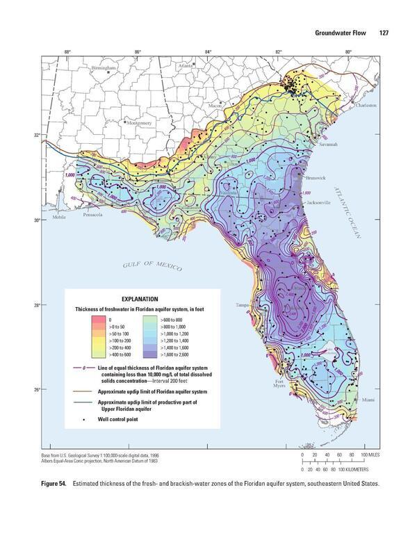 Figure 54. Estimated thickness of the fresh- and brackish-water zones of the Floridan aquifer system, southeastern United States.