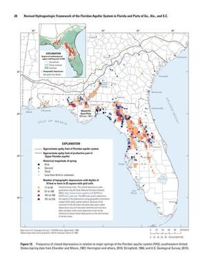 [Figure 12. Frequency of closed depressions in relation to major springs of the Floridan aquifer system (FAS), southeastern United States (spring data from Chandler and Moore, 1987; Harrington and others, 2010; Stringfield, 1966; and U.S. Geological Survey, 2013).]