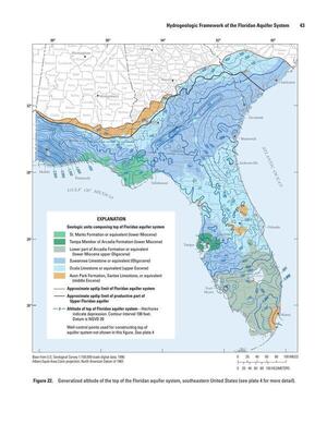 [Figure 22. Generalized altitude of the top of the Floridan aquifer system, southeastern United States (see plate 4 for more detail).]
