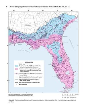 [Figure 25. Thickness of the Floridan aquifer system, southeastern United States (see plate 6 for more detail; mg/L, milligrams per liter).]