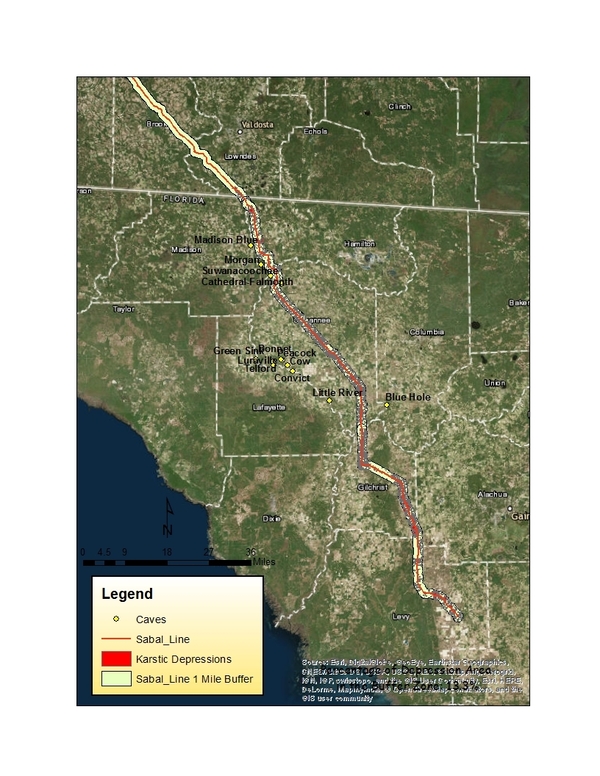 Karstic depressions within 1 mile of Sabal Trail, 2026-09-23 --Prof. Can Denizman, VSU