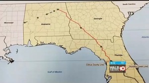 [Route-map, in Environmentalist raise awareness about Sabal Trail Pipeline, by Ashlyn Becton, 16 November 2016, WALB at the Withlacoochee River US 84 bridge]