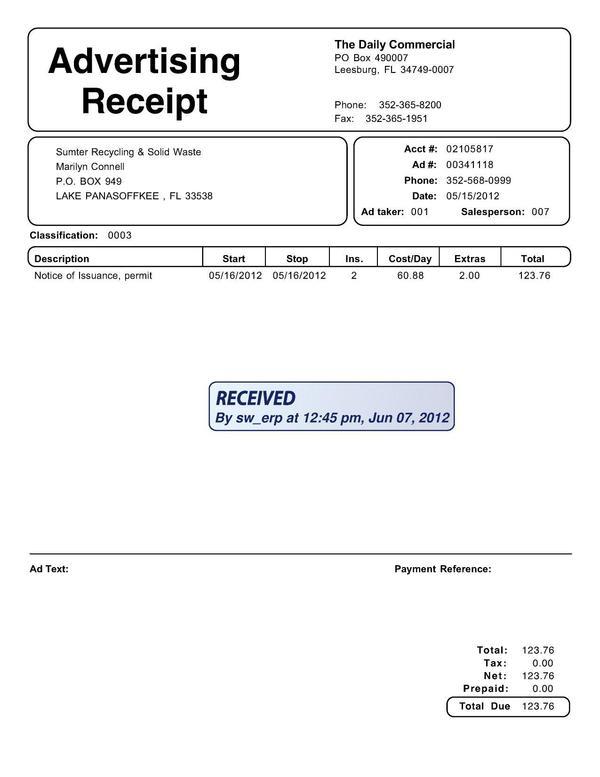 Receipt, Daily Commercial, 2012-05-15