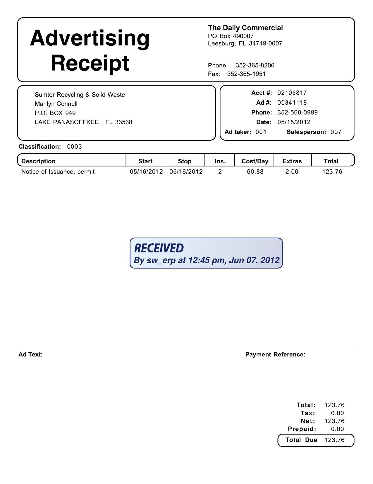 Receipt, Daily Commercial, 2012-05-15