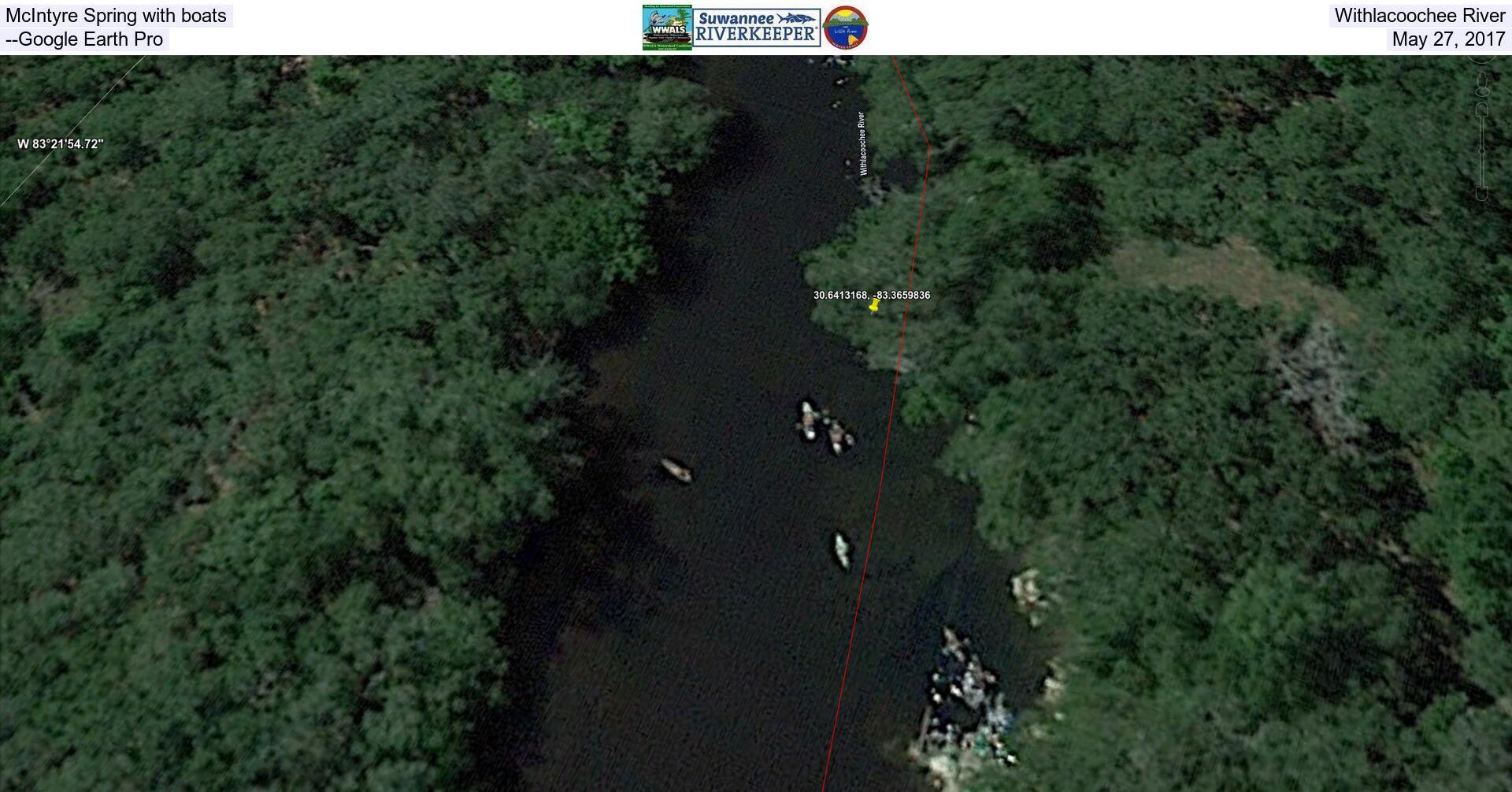 [McIntyre Spring with boats, Withlacoochee River --Google Earth Pro, May 27, 2017]