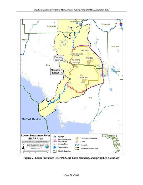 Figure 2. Lower Suwannee River PFA, sub-basin boundary, and springshed boundary