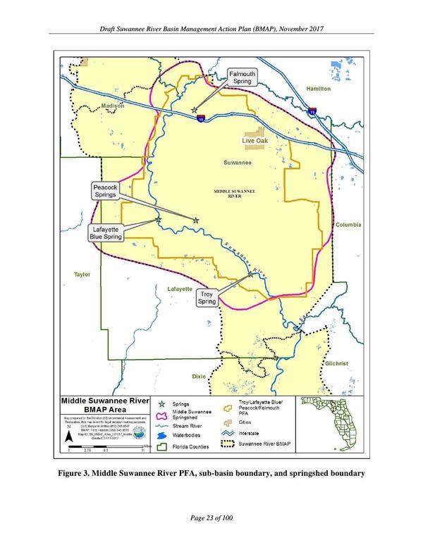 Figure 3. Middle Suwannee River PFA, sub-basin boundary, and springshed boundary