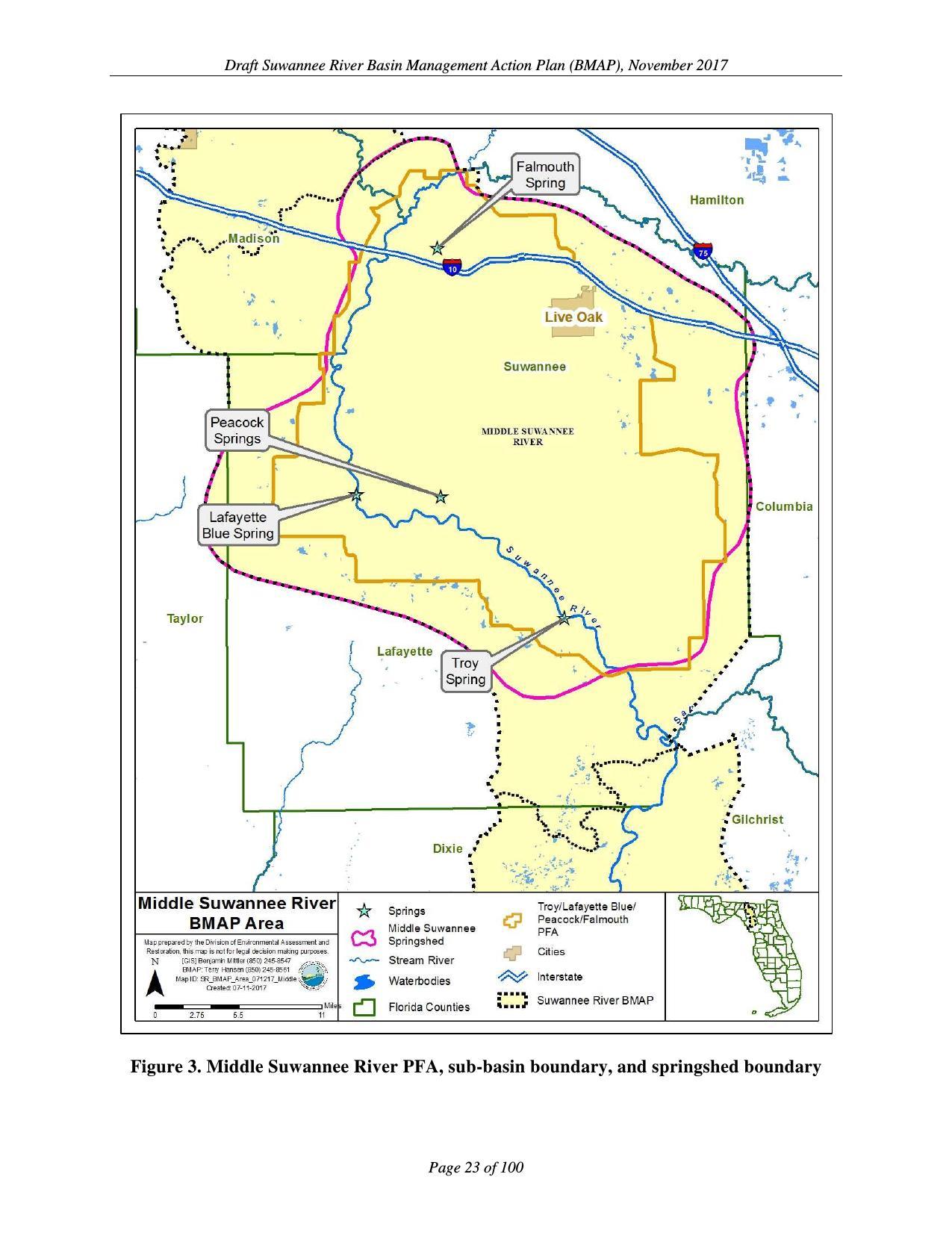 Figure 3. Middle Suwannee River PFA, sub-basin boundary, and springshed boundary