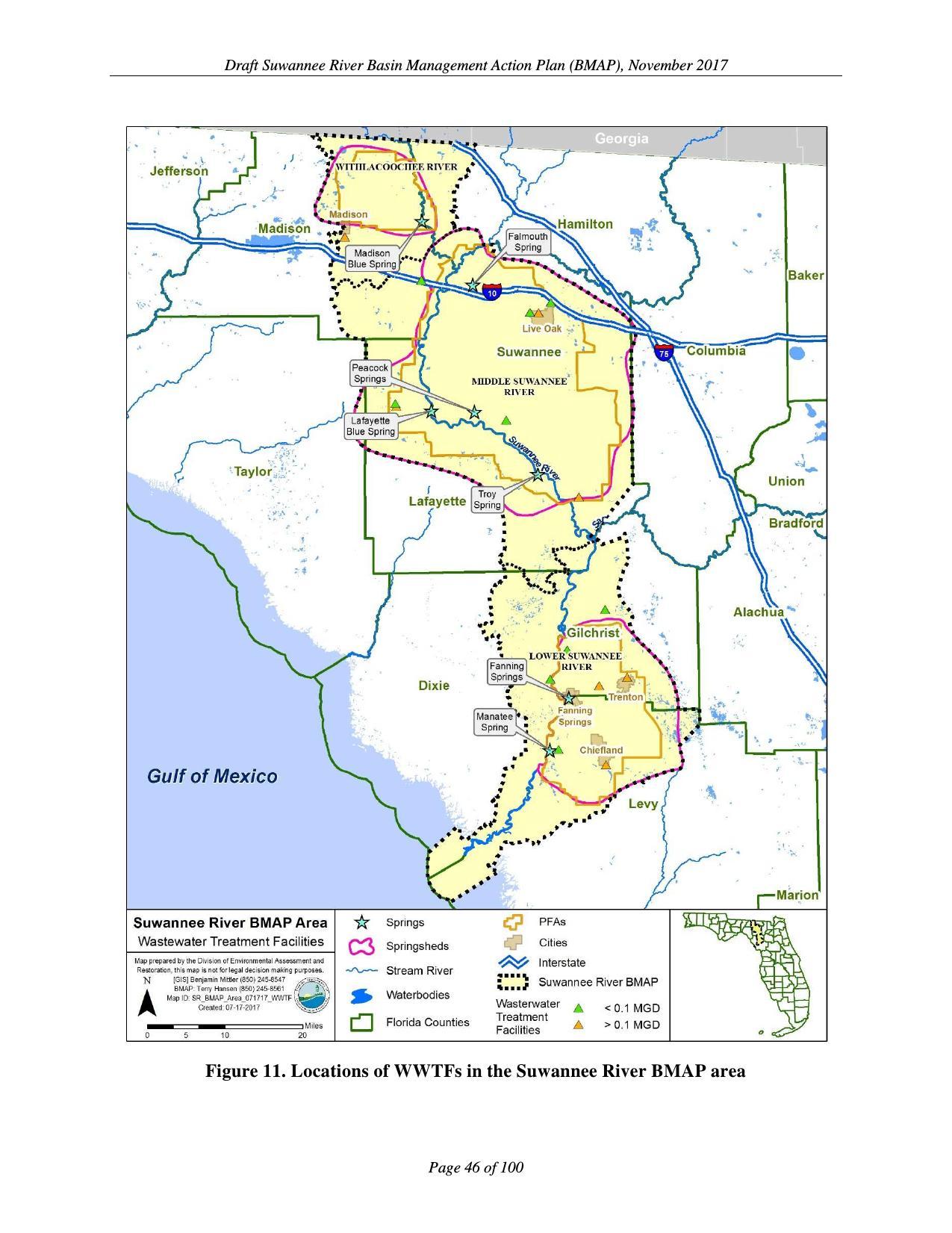 Figure 11. Locations of WWTFs in the Suwannee River BMAP area