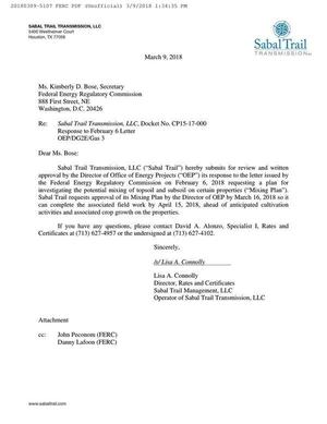 [Sabal Trail requests approval of its Mixing Plan by... March 16, 2018]