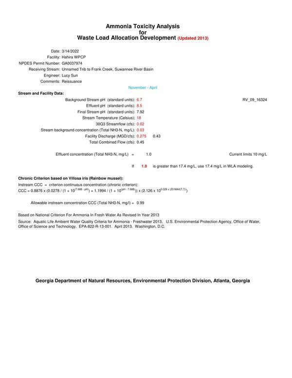 Ammonia Toxicity Analysis for Waste Load Allocation Development (Updated 2013)