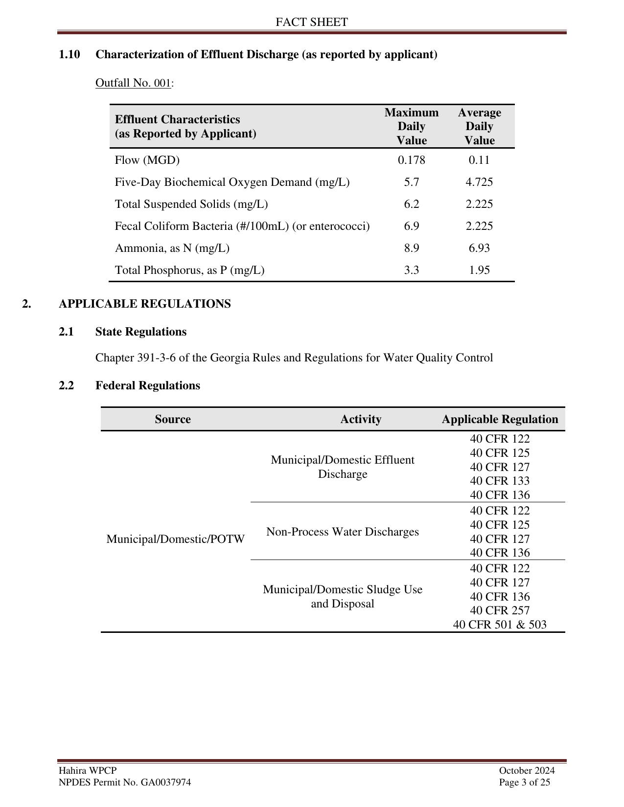 1.10 Characterization of Effluent Discharge (as reported by applicant)