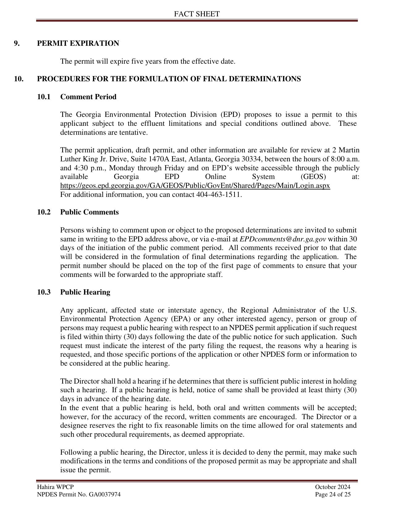 9. PERMIT EXPIRATION 10. PROCEDURES FOR THE FORMULATION OF FINAL DETERMINATIONS