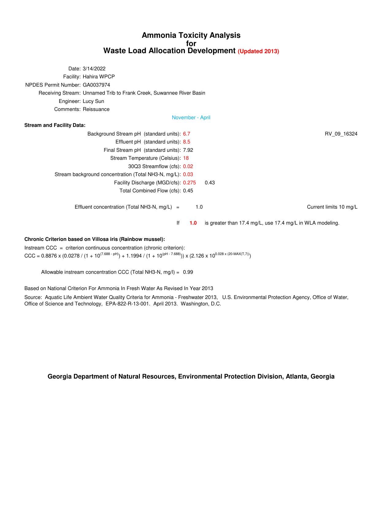 Ammonia Toxicity Analysis for Waste Load Allocation Development (Updated 2013)