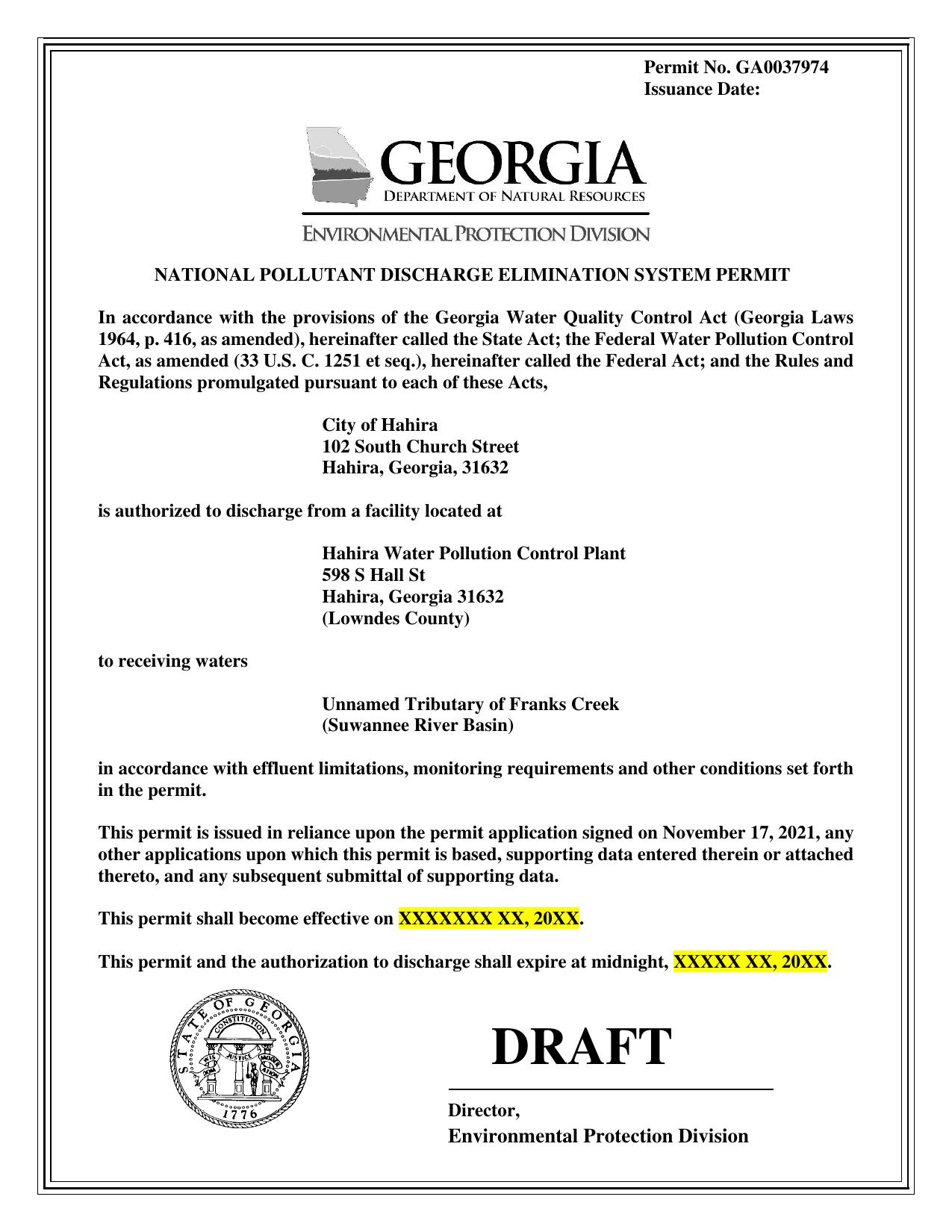 Cover: Draft Permit