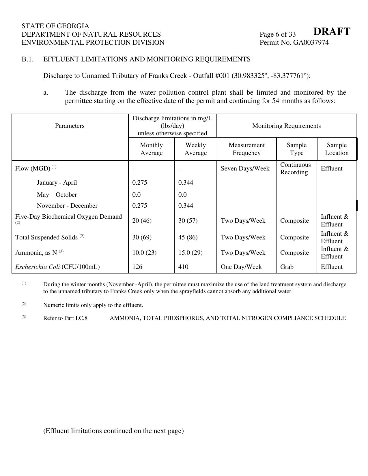 B.1. EFFLUENT LIMITATIONS AND MONITORING REQUIREMENTS: table for flow, Oxycgen, TS, N, E. coli