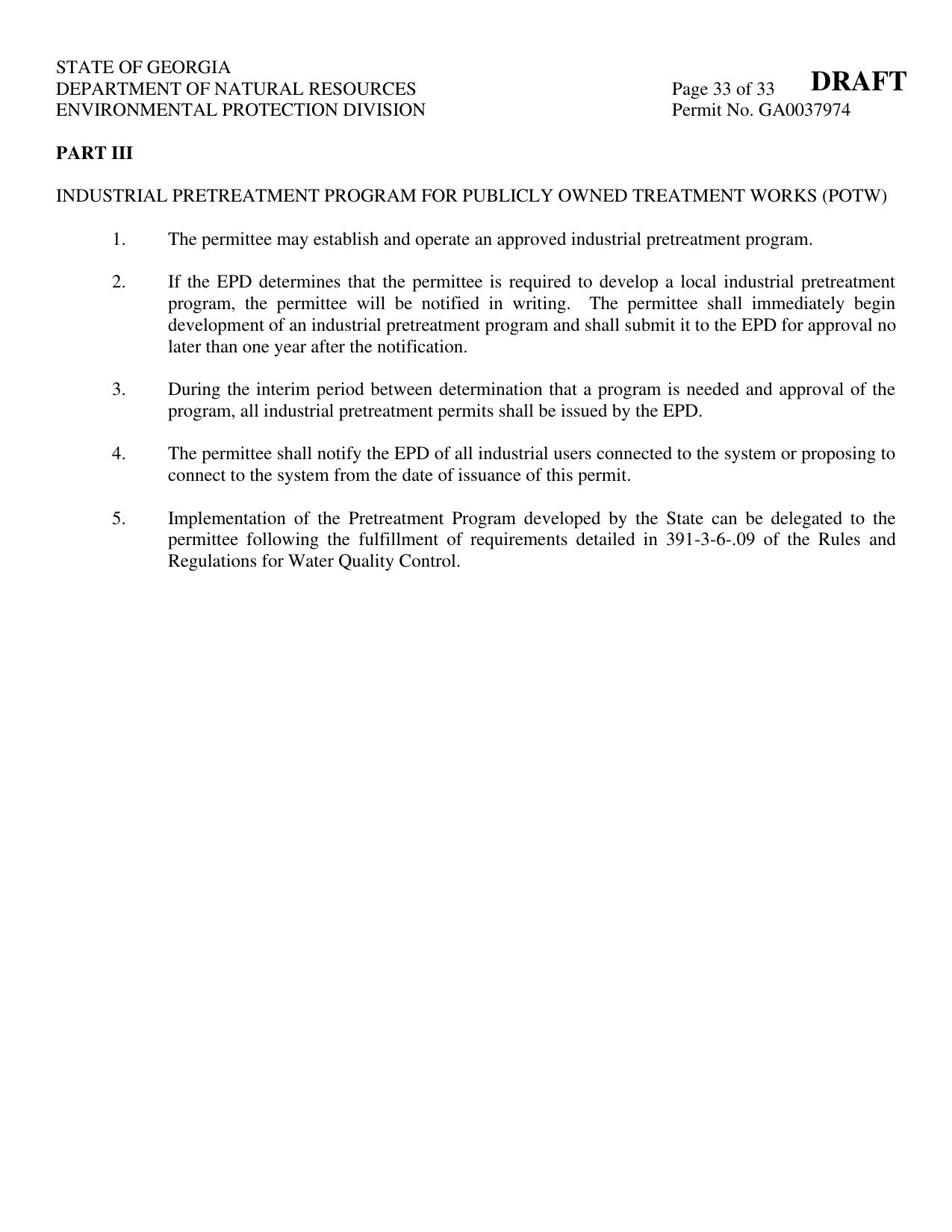 PART III INDUSTRIAL PRETREATMENT PROGRAM FOR PUBLICLY OWNED TREATMENT WORKS (POTW)